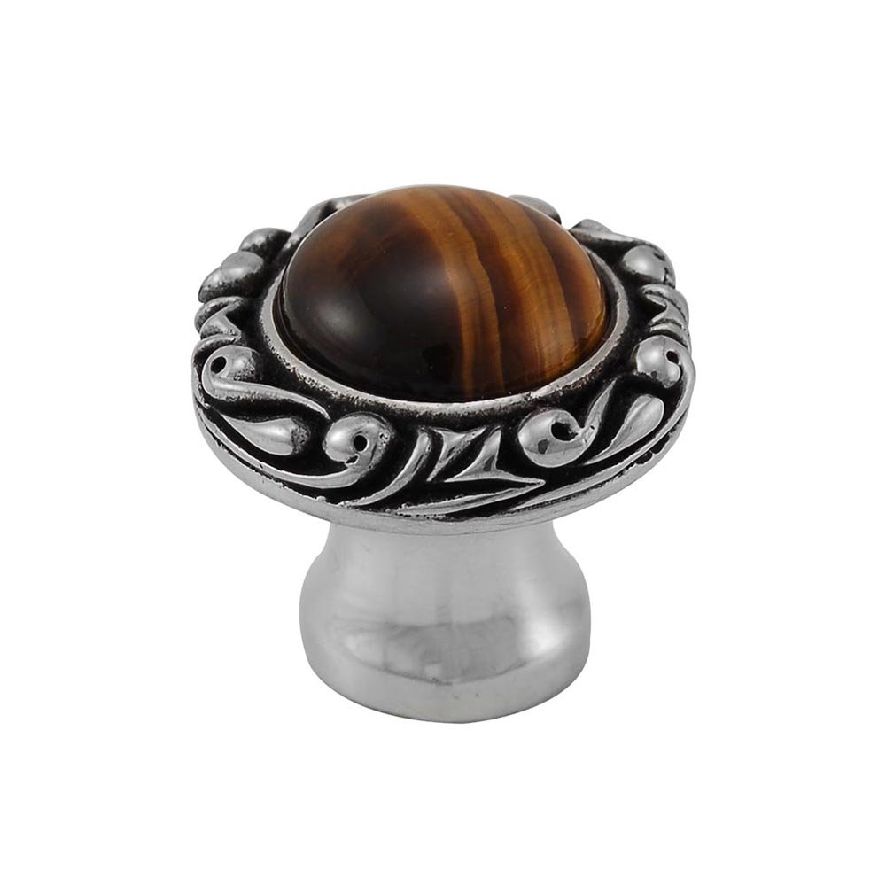 1" Round Knob with Small Base with Stone Insert in Antique Silver with Tigers Eye Insert