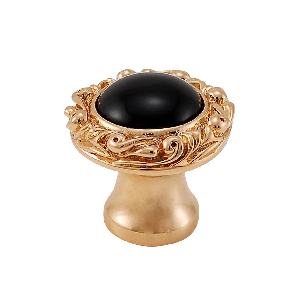1" Round Knob with Small Base with Stone Insert in Polished Gold with Black Onyx Insert