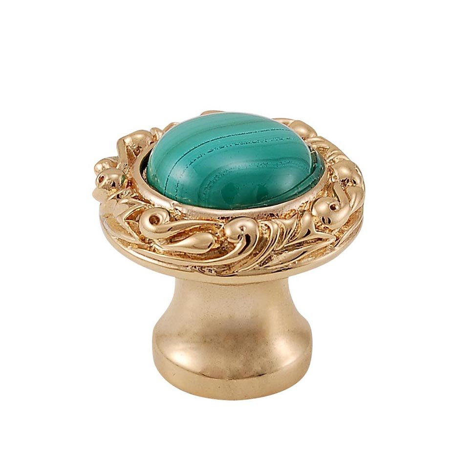 1" Round Knob with Small Base with Stone Insert in Polished Gold with Malachite Insert