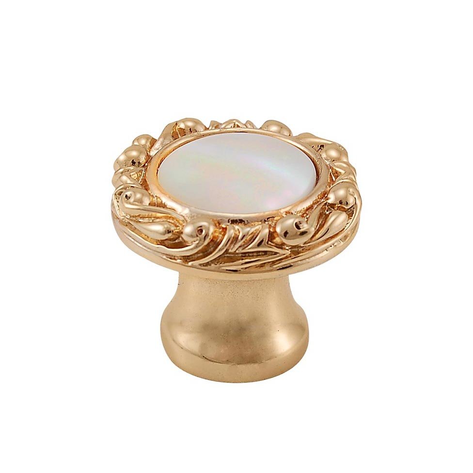 1" Round Knob with Small Base with Stone Insert in Polished Gold with Mother Of Pearl Insert