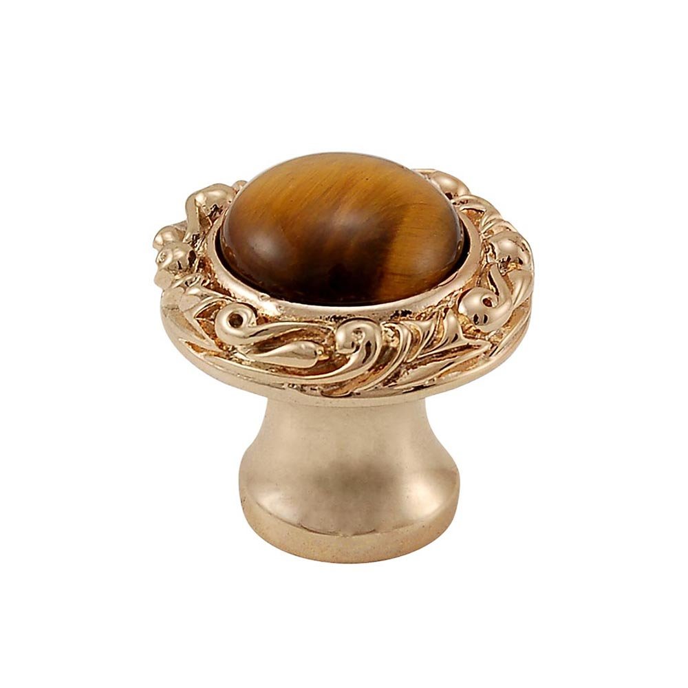 1" Round Knob with Small Base with Stone Insert in Polished Gold with Tigers Eye Insert