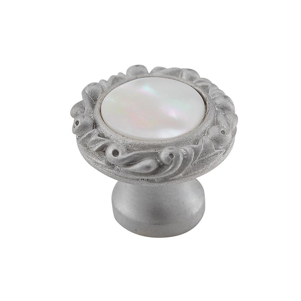 1" Round Knob with Small Base with Stone Insert in Satin Nickel with Mother Of Pearl Insert