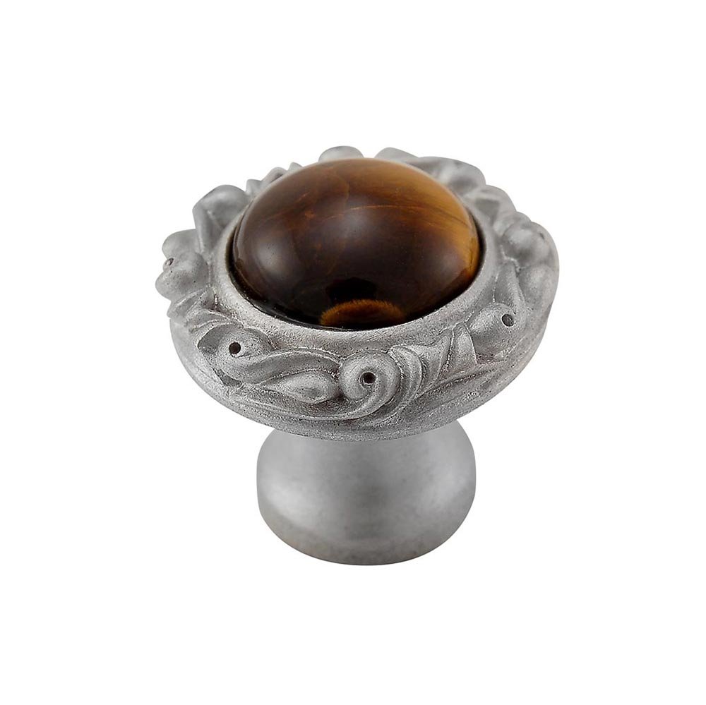 1" Round Knob with Small Base with Stone Insert in Satin Nickel with Tigers Eye Insert
