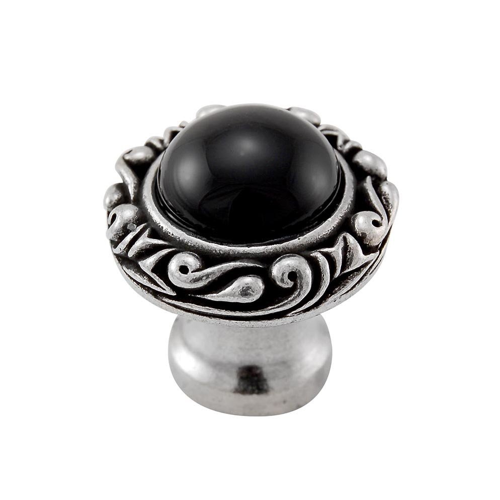 1" Round Knob with Small Base with Stone Insert in Vintage Pewter with Black Onyx Insert
