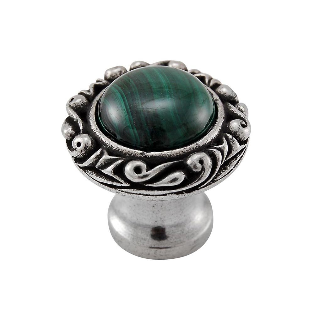 1" Round Knob with Small Base with Stone Insert in Vintage Pewter with Malachite Insert