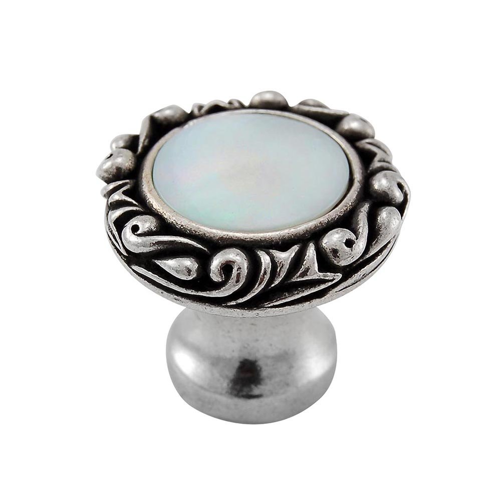 1" Round Knob with Small Base with Stone Insert in Vintage Pewter with Mother Of Pearl Insert