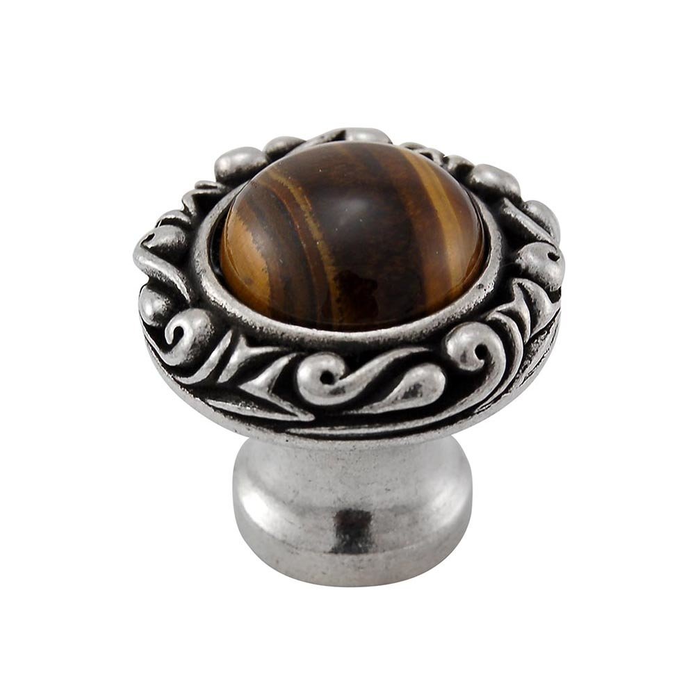 1" Round Knob with Small Base with Stone Insert in Vintage Pewter with Tigers Eye Insert