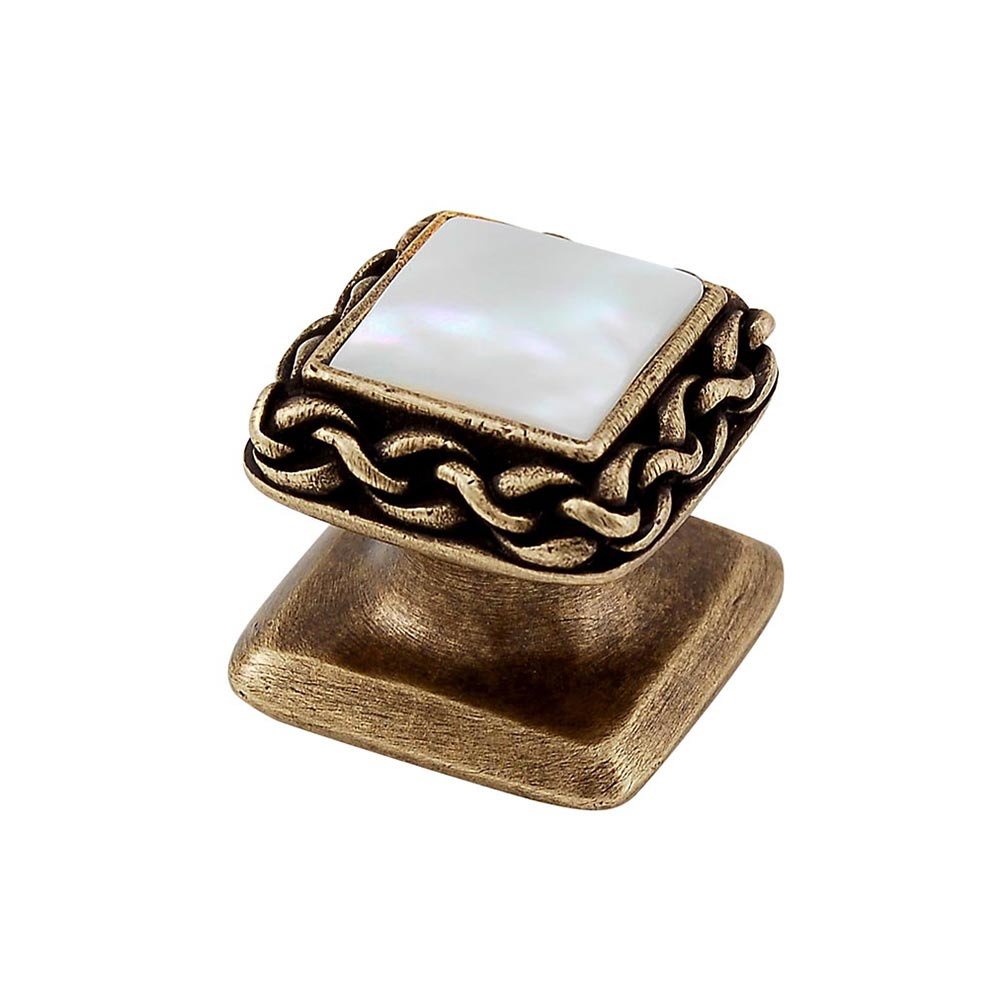 Square Gem Stone Knob Design 2 in Antique Brass with White Mother Of Pearl Insert