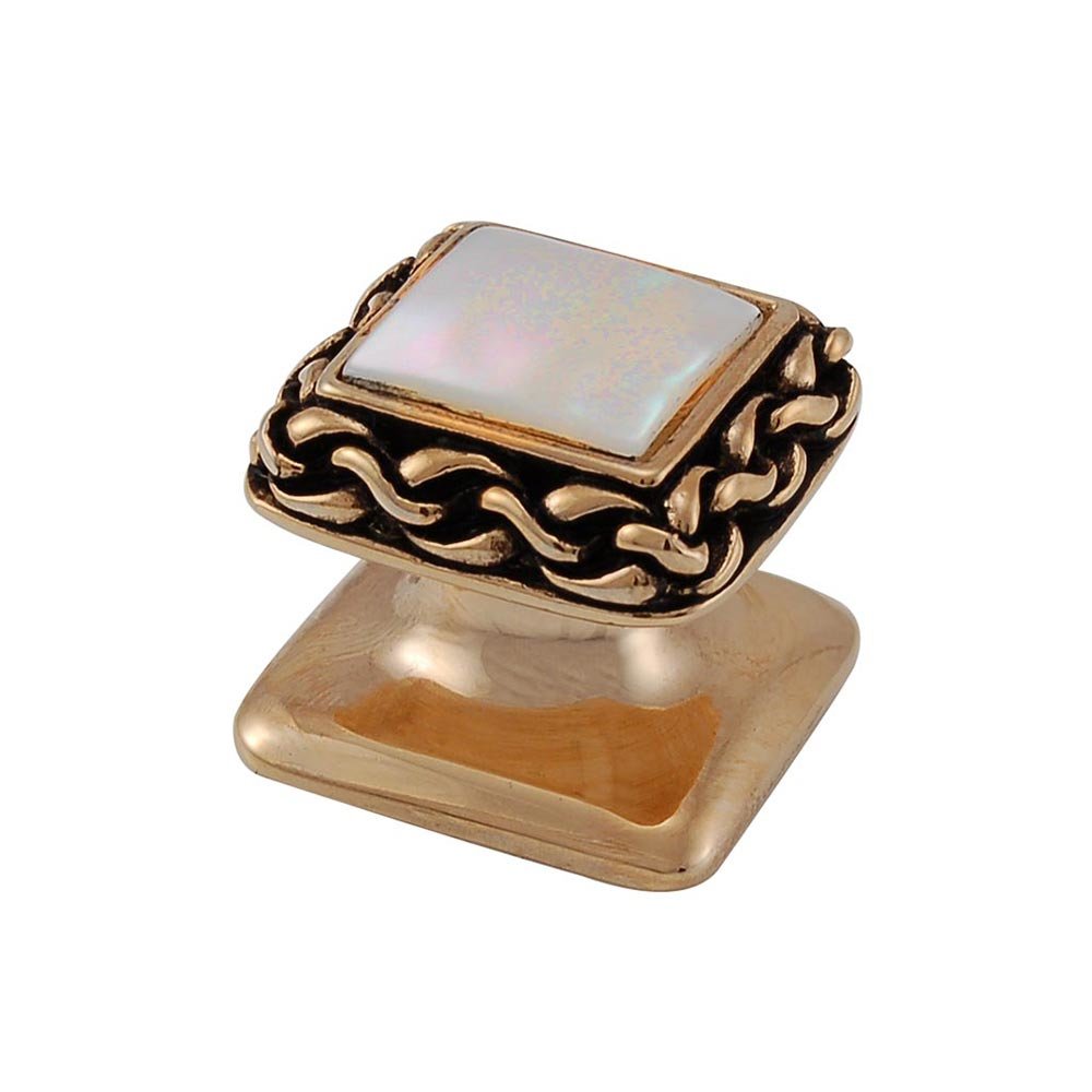 Square Gem Stone Knob Design 2 in Antique Gold with White Mother Of Pearl Insert