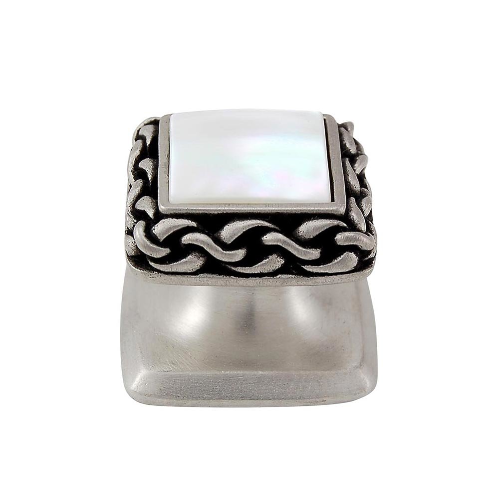 Square Gem Stone Knob Design 2 in Antique Nickel with White Mother Of Pearl Insert