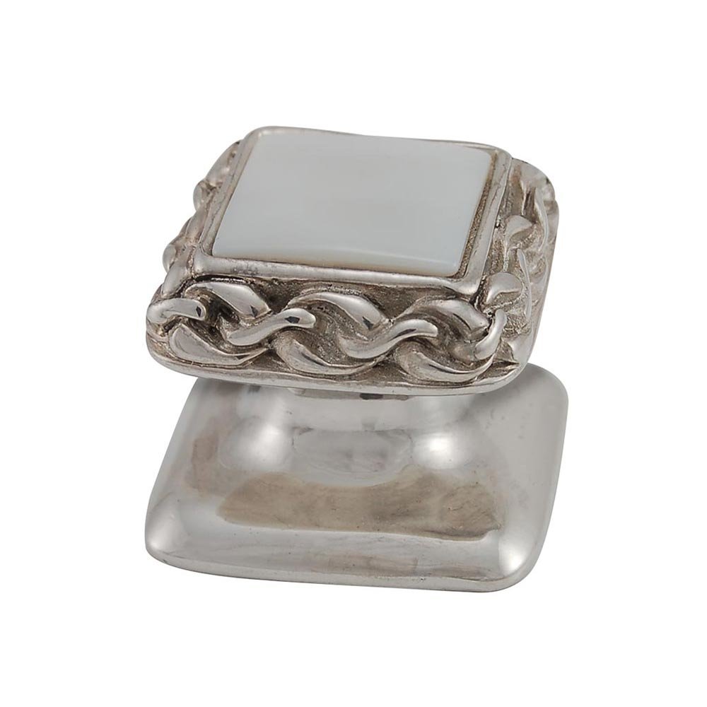 Square Gem Stone Knob Design 2 in Polished Silver with White Mother Of Pearl Insert
