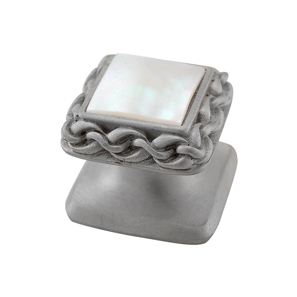 Square Gem Stone Knob Design 2 in Satin Nickel with White Mother Of Pearl Insert