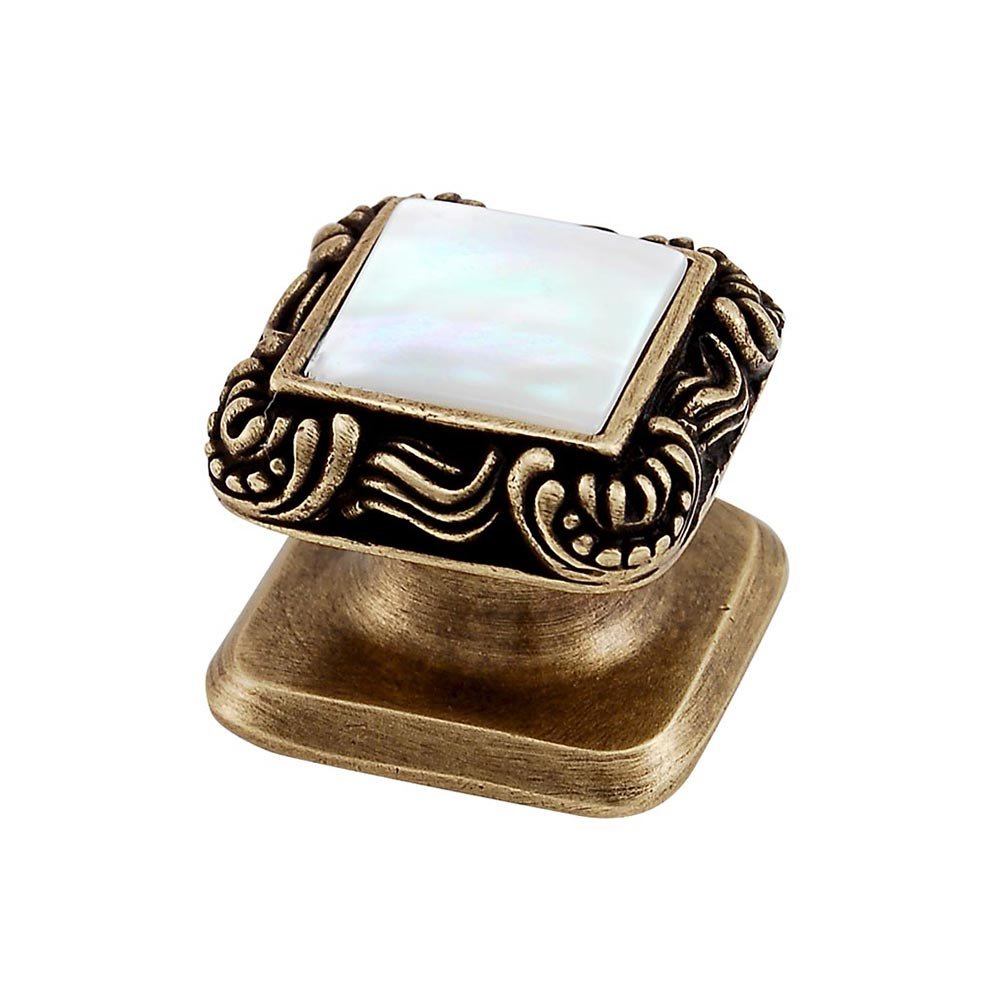 Square Gem Stone Knob Design 3 in Antique Brass with White Mother Of Pearl Insert