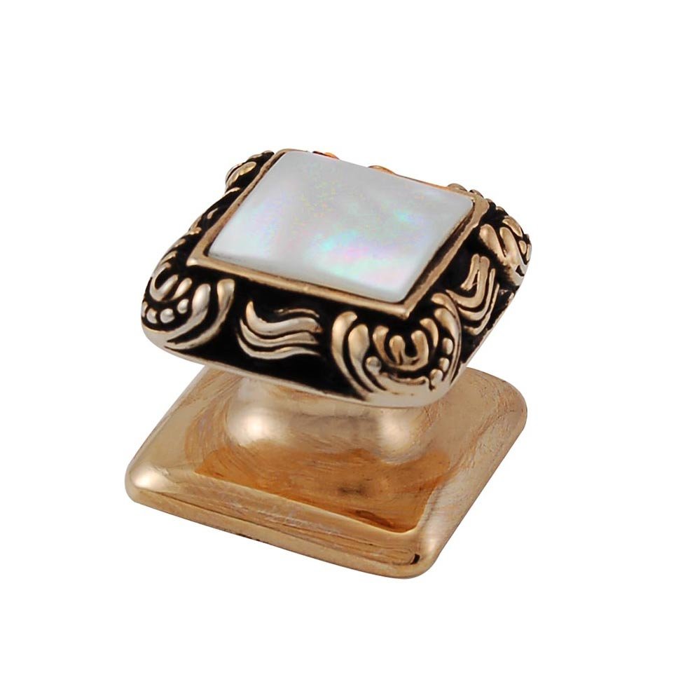 Square Gem Stone Knob Design 3 in Antique Gold with White Mother Of Pearl Insert