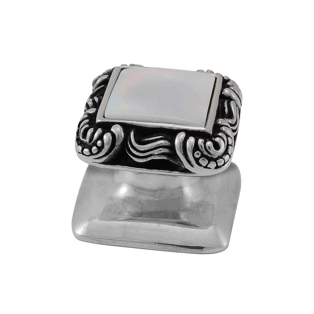 Square Gem Stone Knob Design 3 in Antique Silver with White Mother Of Pearl Insert