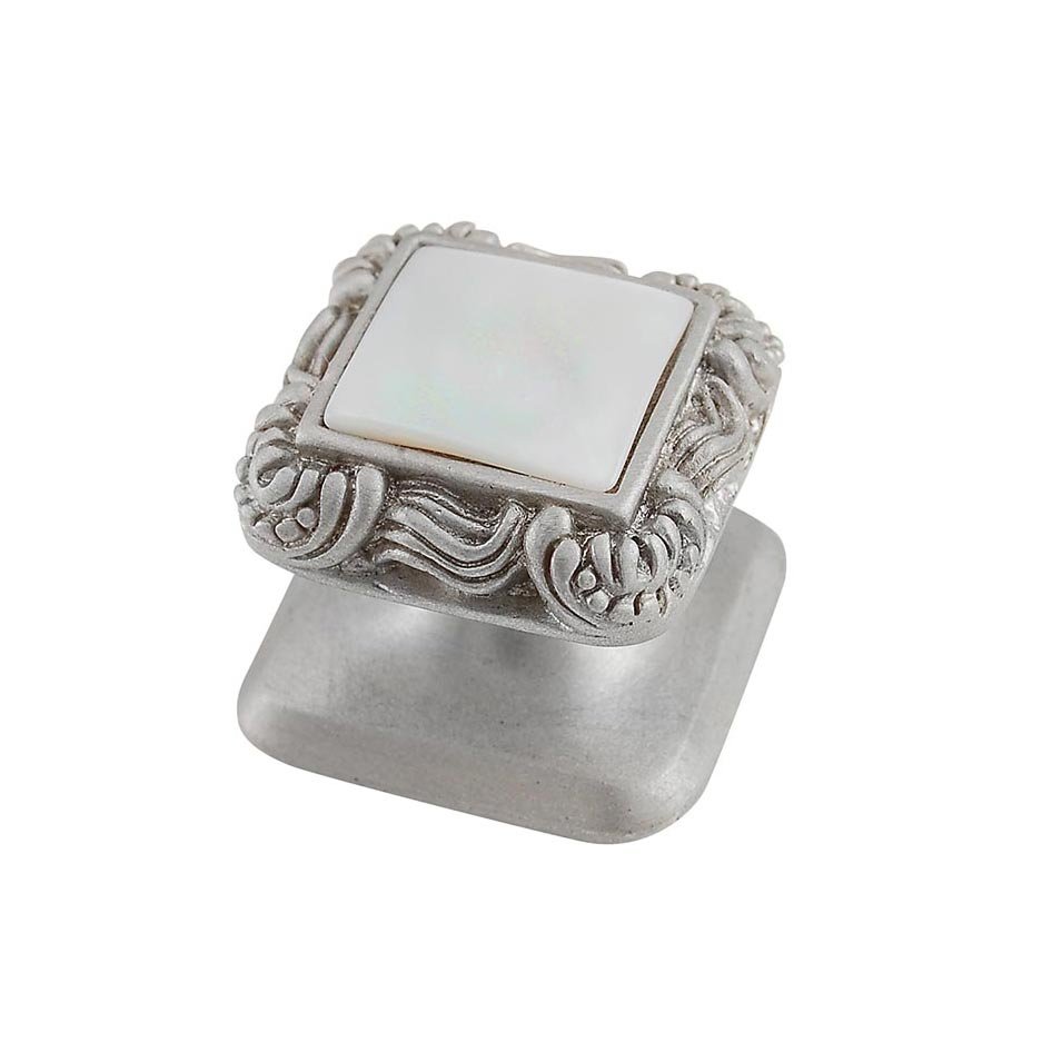 Square Gem Stone Knob Design 3 in Satin Nickel with White Mother Of Pearl Insert