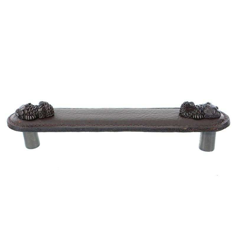 Leather Collection 4" (102mm) Pesci Pull in Brown Leather in Oil Rubbed Bronze