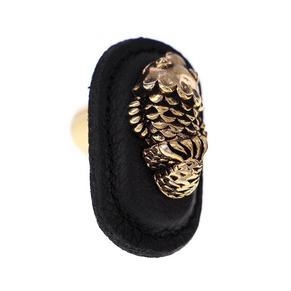 Leather Collection Pesci Knob in Black Leather in Antique Gold