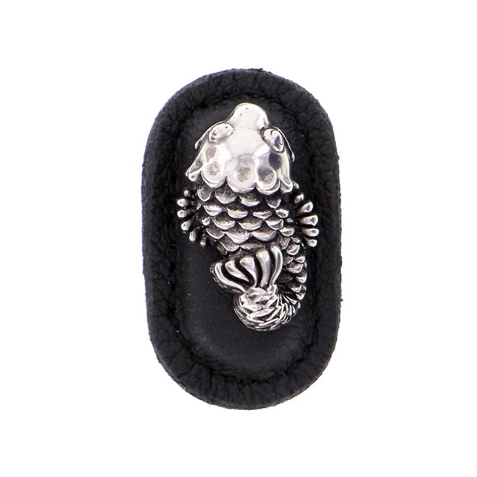 Leather Collection Pesci Knob in Black Leather in Antique Silver