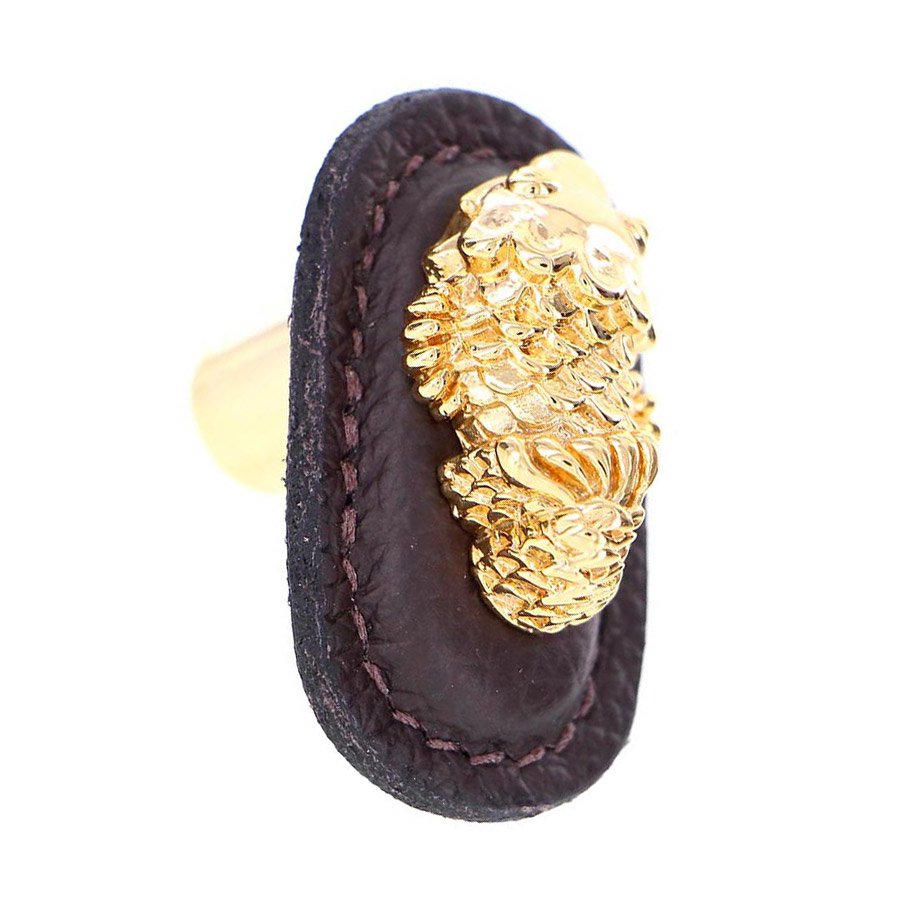 Leather Collection Pesci Knob in Brown Leather in Polished Gold