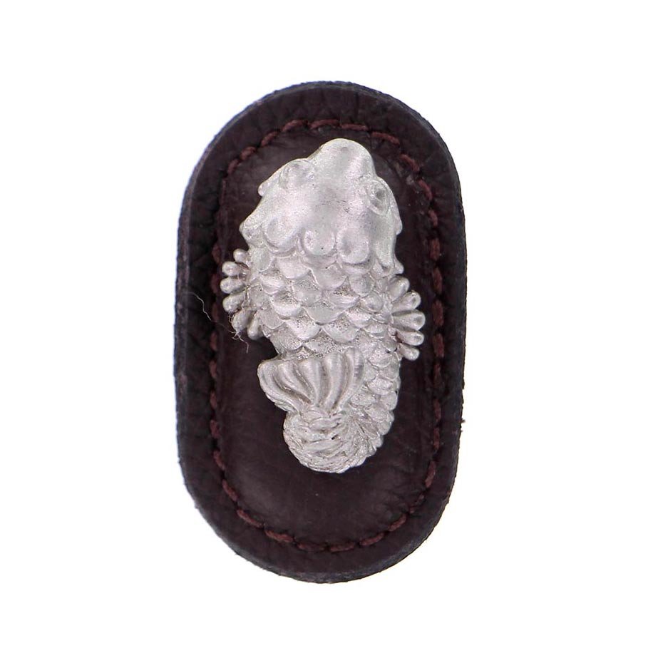 Leather Collection Pesci Knob in Brown Leather in Satin Nickel