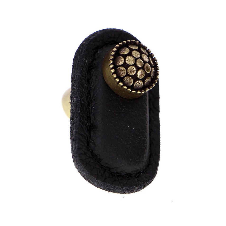 Leather Collection Puccini Knob in Black Leather in Antique Brass