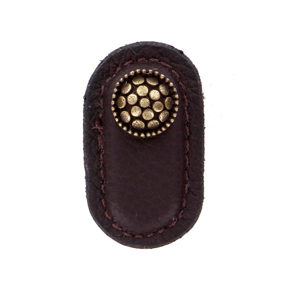 Leather Collection Puccini Knob in Brown Leather in Antique Brass