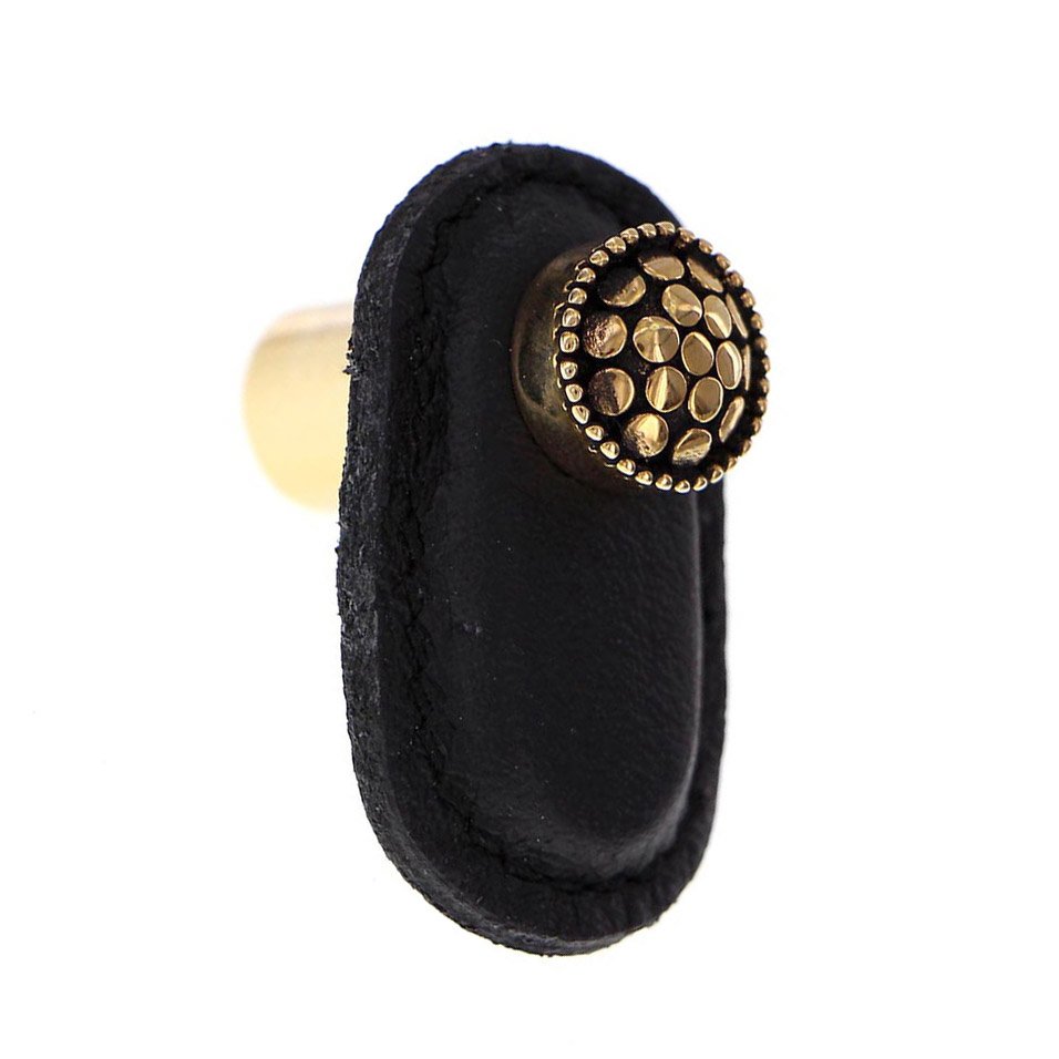 Leather Collection Puccini Knob in Black Leather in Antique Gold