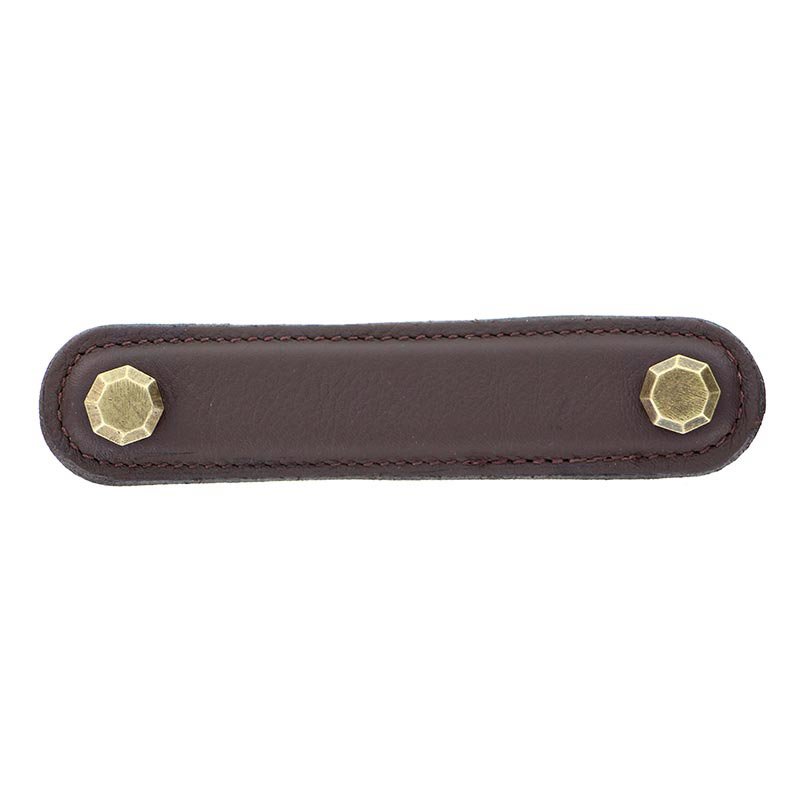 Leather Collection 4" (102mm) Carducci Pull in Brown Leather in Antique Brass