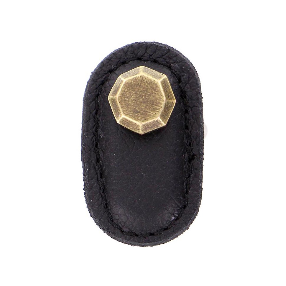 Leather Collection Carducci Knob in Black Leather in Antique Brass