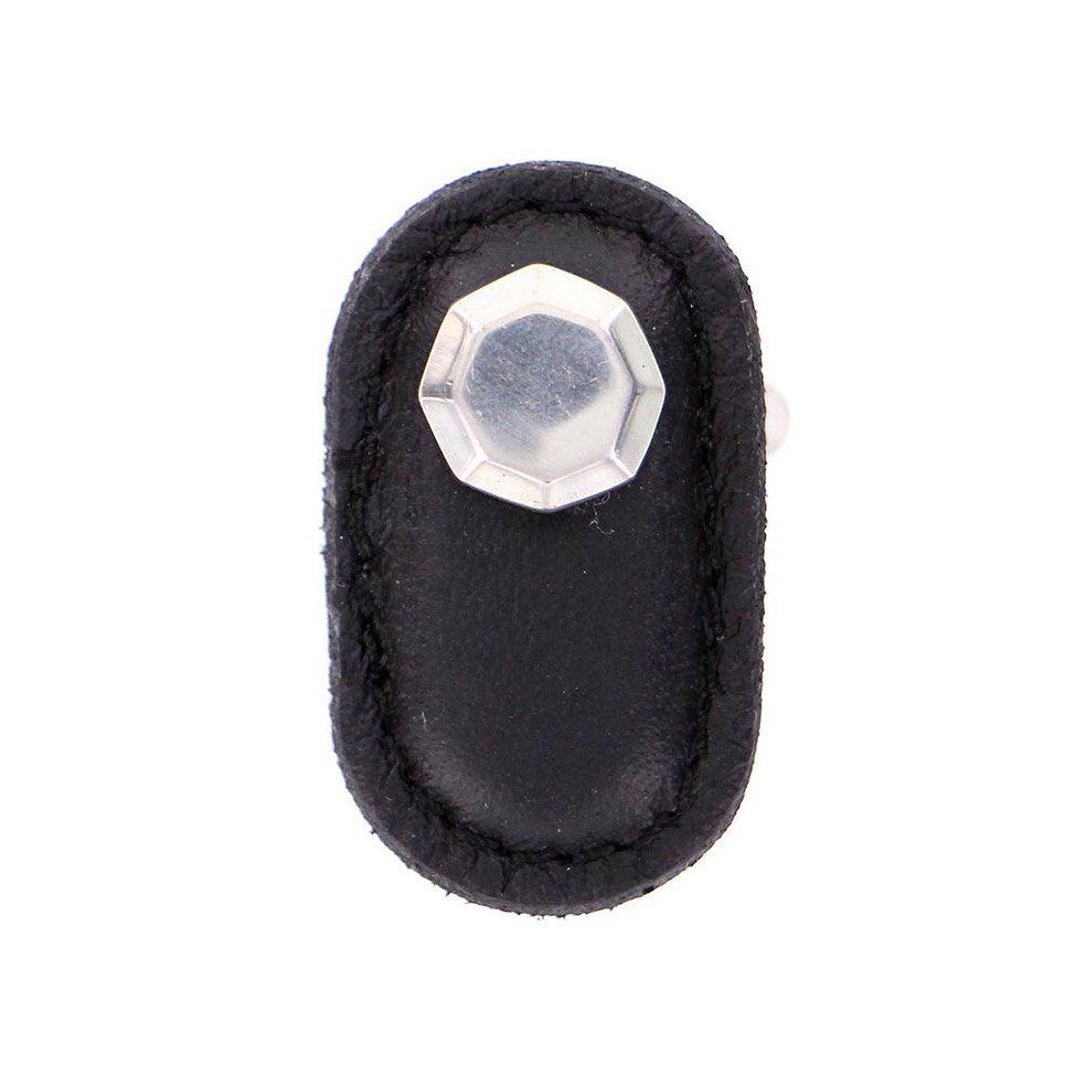 Leather Collection Carducci Knob in Black Leather in Polished Silver