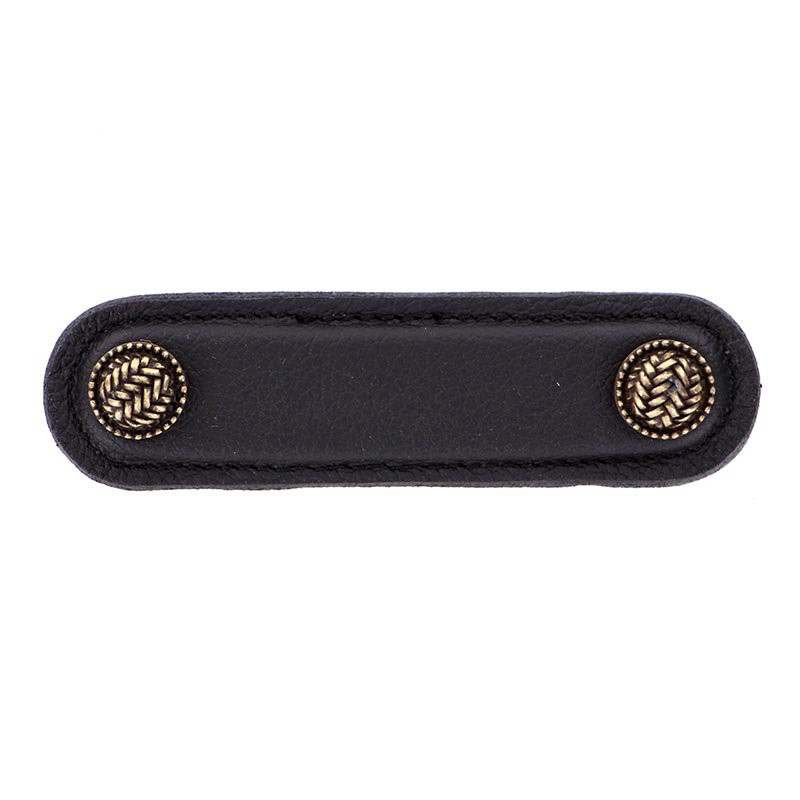 Leather Collection 3" (76mm) Cestino Pull in Black Leather in Antique Brass
