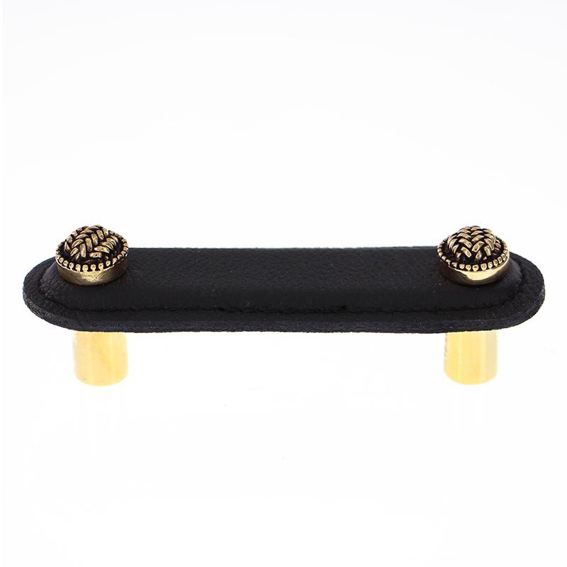 Leather Collection 3" (76mm) Cestino Pull in Black Leather in Antique Gold