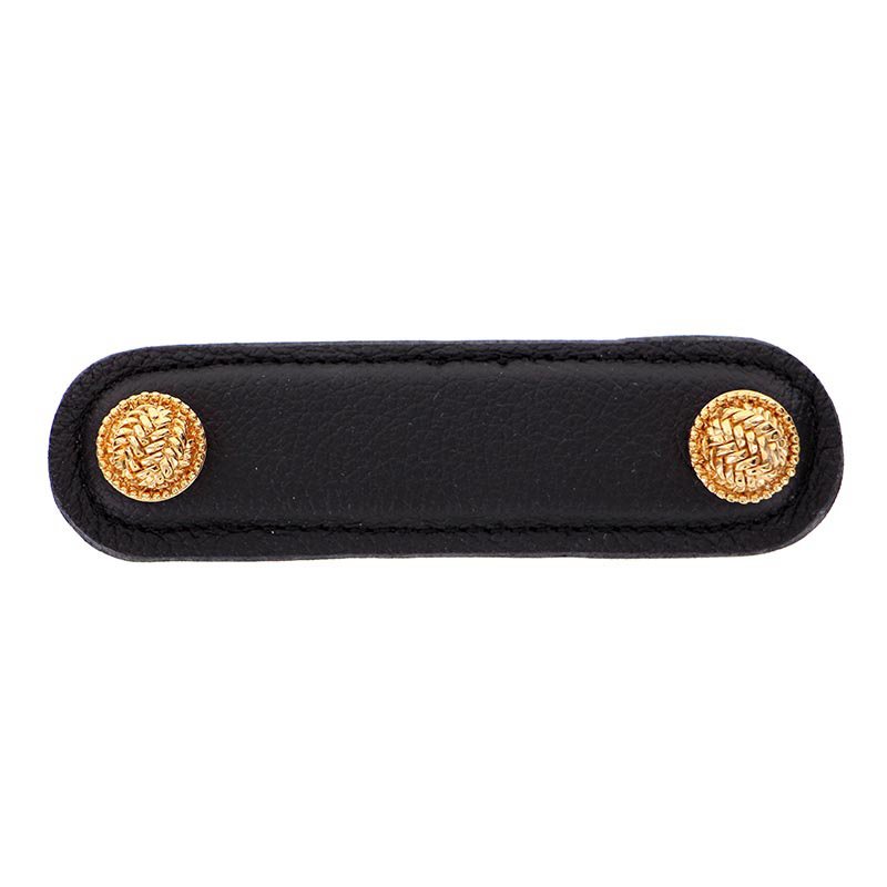 Leather Collection 3" (76mm) Cestino Pull in Black Leather in Polished Gold