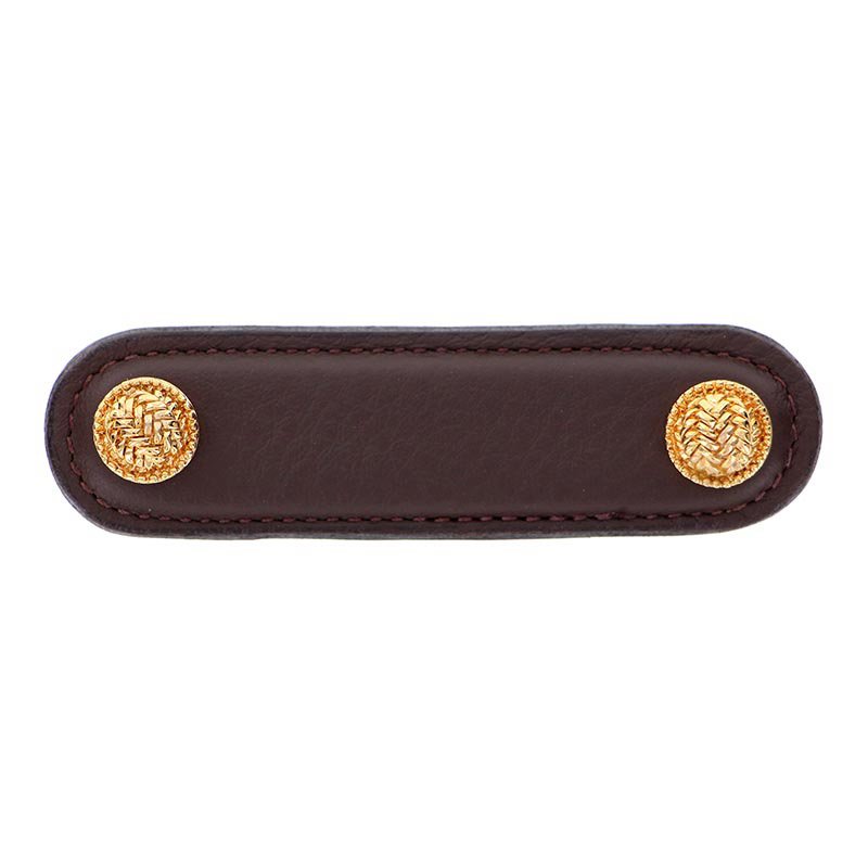 Leather Collection 3" (76mm) Cestino Pull in Brown Leather in Polished Gold