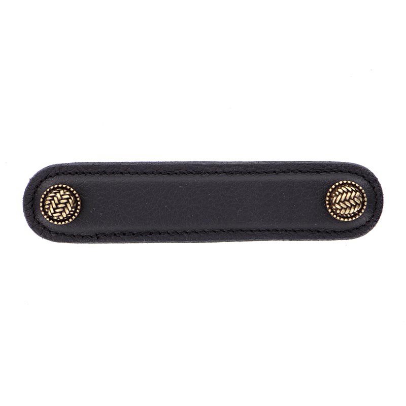 Leather Collection 4" (102mm) Cestino Pull in Black Leather in Antique Brass