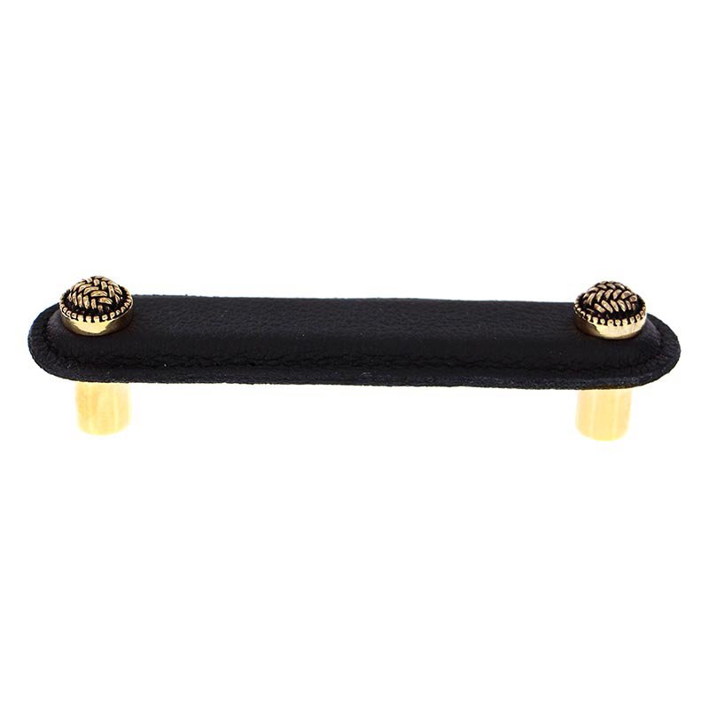 Leather Collection 4" (102mm) Cestino Pull in Black Leather in Antique Gold