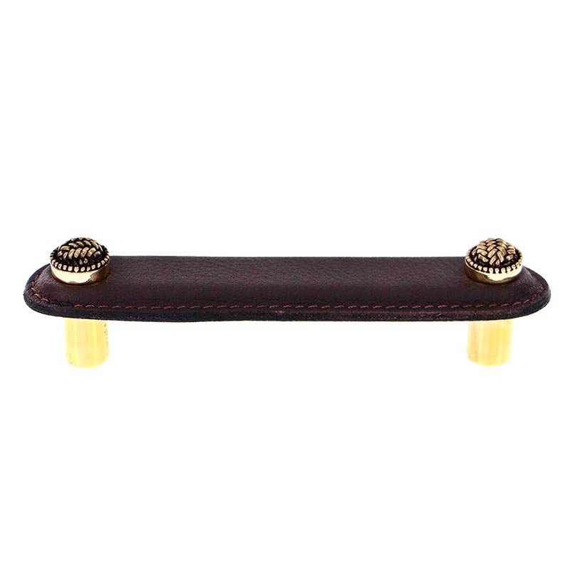 Leather Collection 4" (102mm) Cestino Pull in Brown Leather in Antique Gold