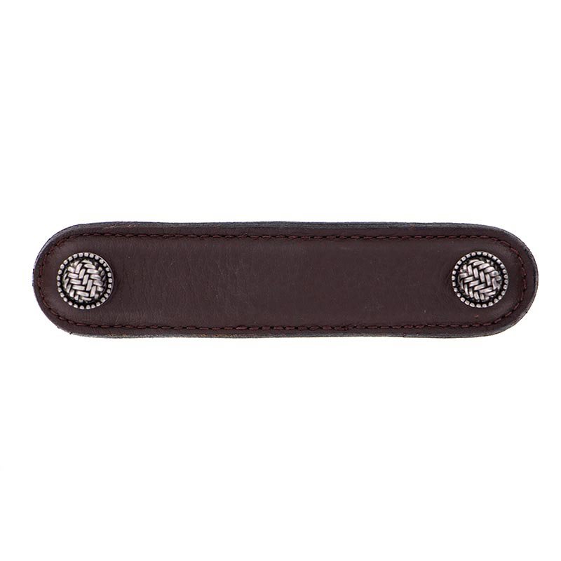 Leather Collection 4" (102mm) Cestino Pull in Brown Leather in Antique Nickel