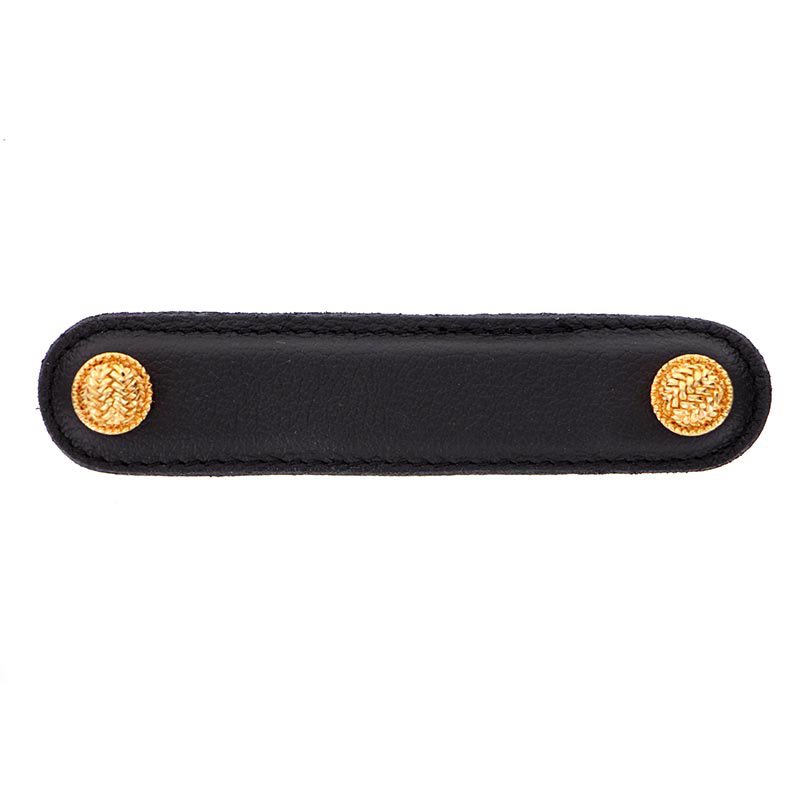 Leather Collection 4" (102mm) Cestino Pull in Black Leather in Polished Gold