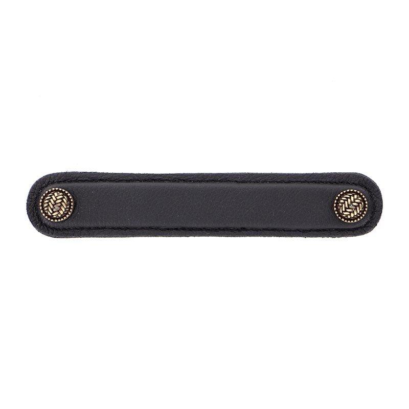 Leather Collection 5" (128mm) Pull in Black Leather in Antique Brass