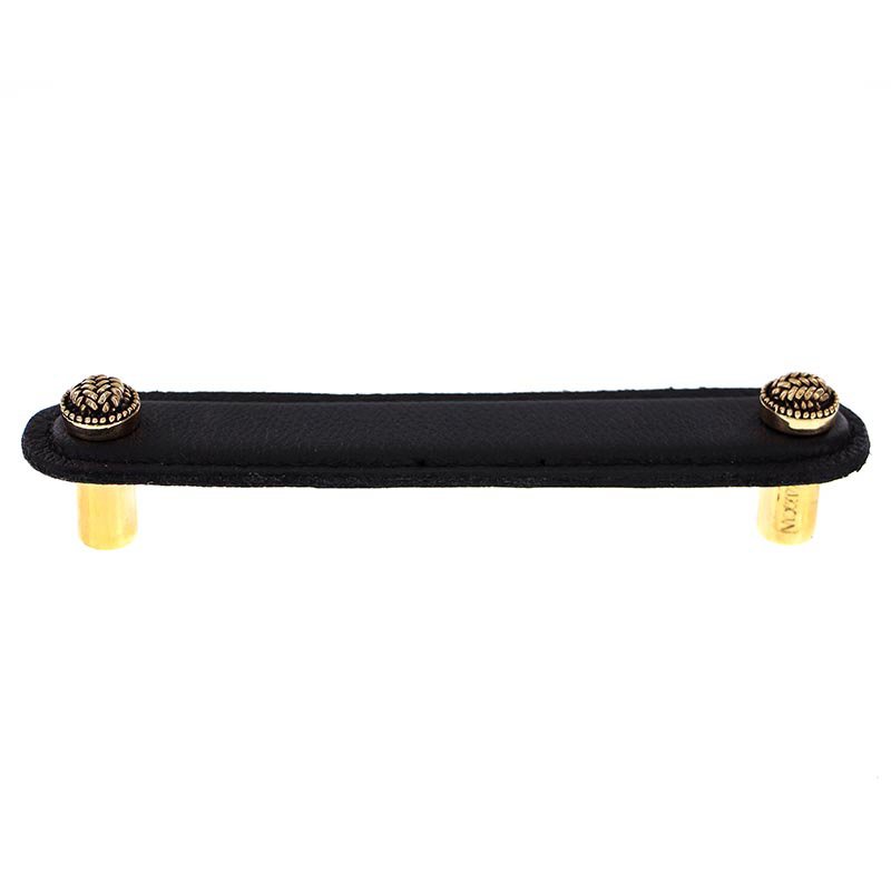 Leather Collection 5" (128mm) Pull in Black Leather in Antique Gold