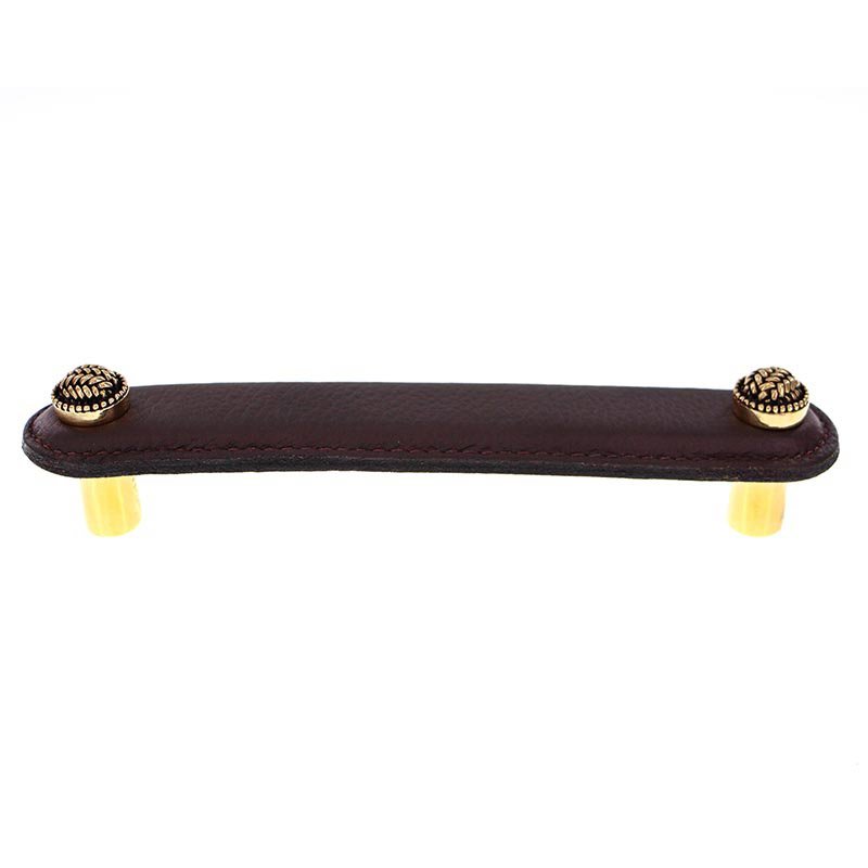 Leather Collection 5" (128mm) Cestino Pull in Brown Leather in Antique Gold