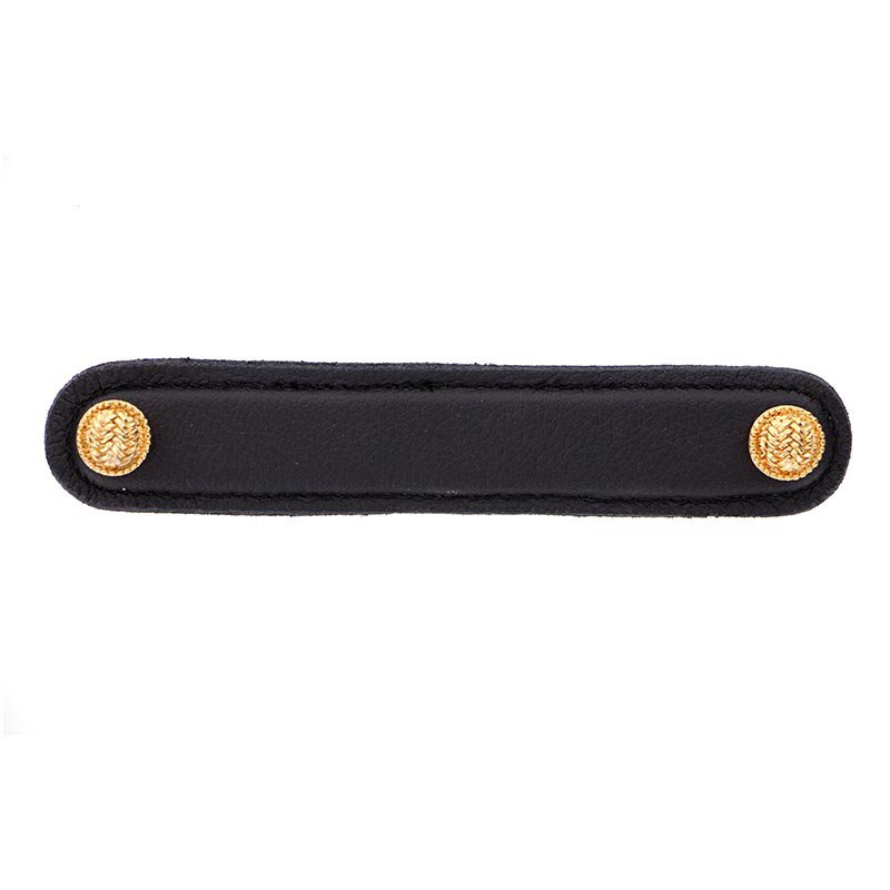 Leather Collection 5" (128mm) Pull in Black Leather in Polished Gold