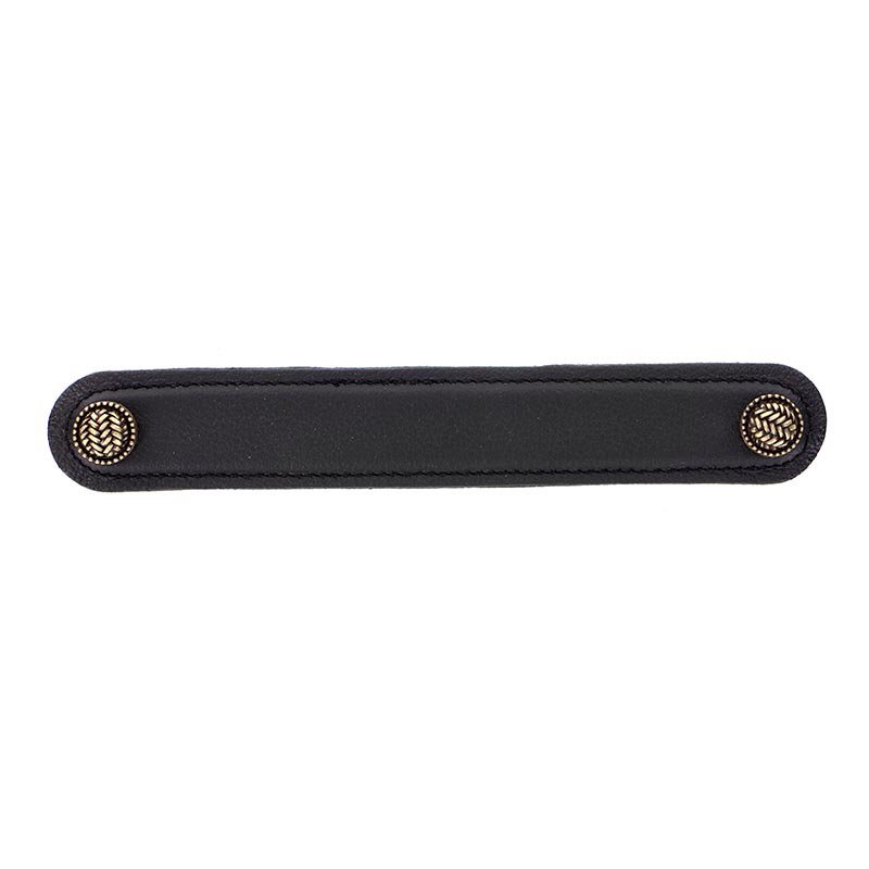 Leather Collection 6" (152mm) Cestino Pull in Black Leather in Antique Brass