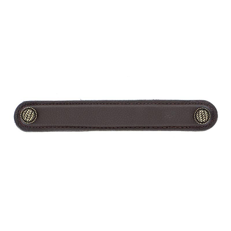 Leather Collection 6" (152mm) Cestino Pull in Brown Leather in Antique Brass