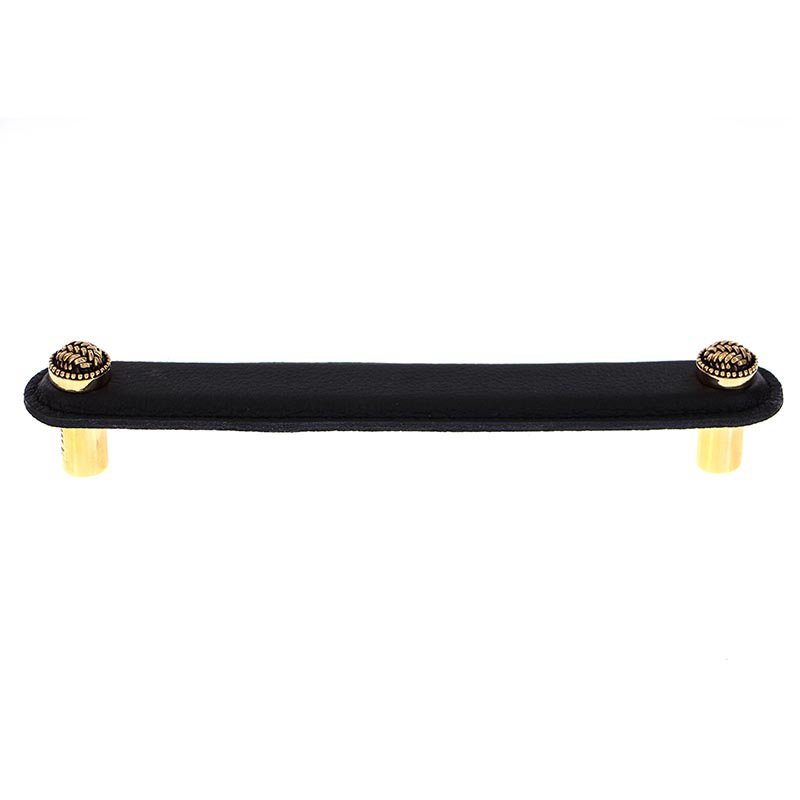 Leather Collection 6" (152mm) Cestino Pull in Black Leather in Antique Gold