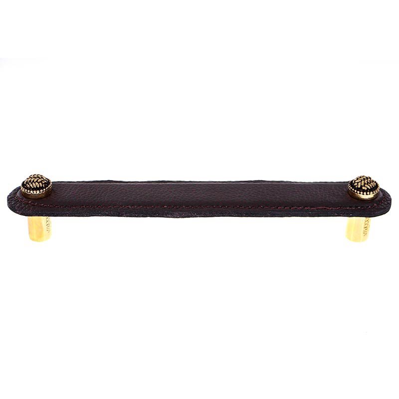 Leather Collection 6" (152mm) Cestino Pull in Brown Leather in Antique Gold
