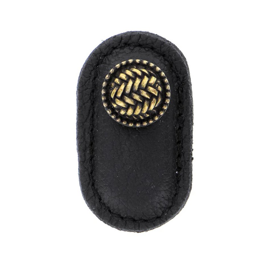 Leather Collection Cestino Knob in Black Leather in Antique Brass