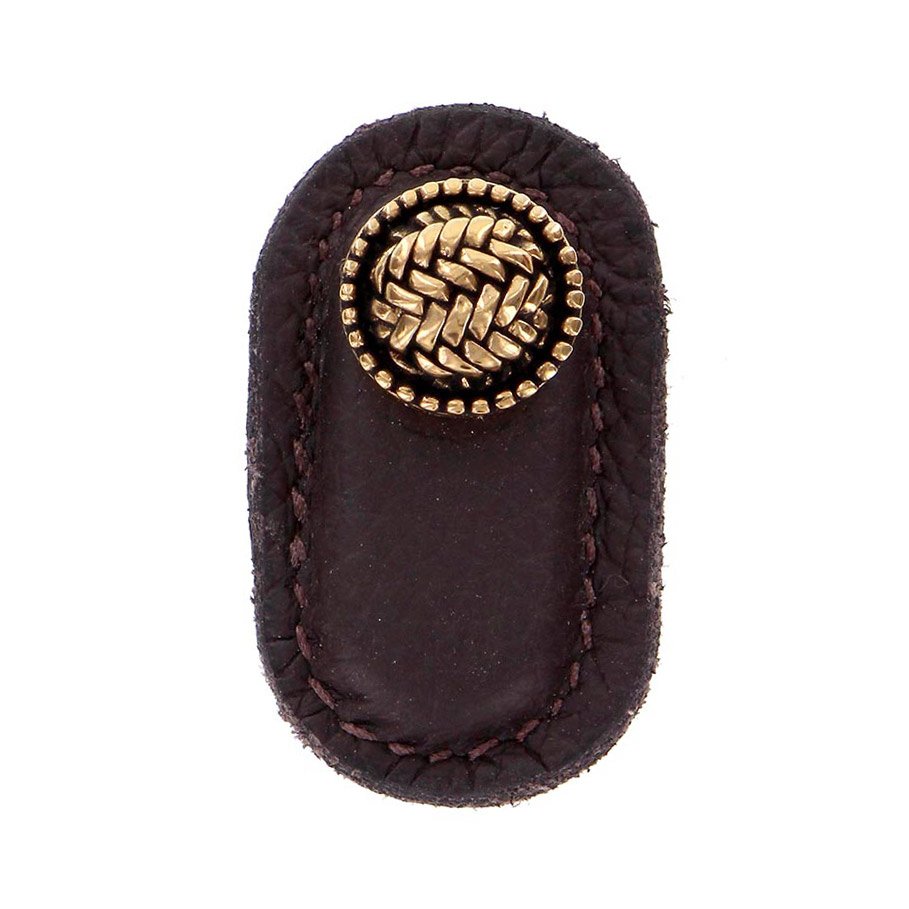 Leather Collection Cestino Knob in Brown Leather in Antique Gold
